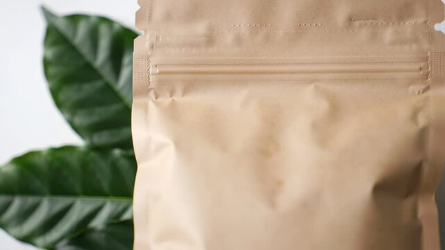 Coffee bean leaves and a craft paper bag on a white background