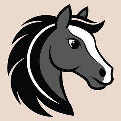 Stylized Horse Head Illustration with Black Mane and White Blaze on Beige Background