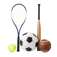A tennis racquet, baseball bat, soccer ball, and tennis ball are isolated on transparent background