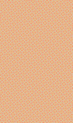 Subtle repeating pattern of peach ovals surrounded by beige squares creates a retro inspired textile design.