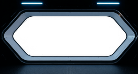 Futuristic Black Spaceship Interior with Glowing Lights and Transparent Cut-Out Window – Sci-Fi Starship Design
