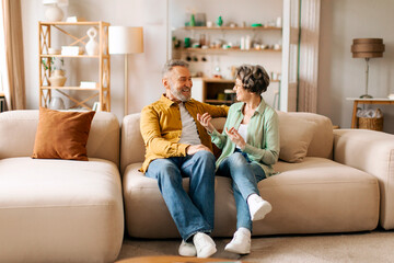 Positive senior spouses relaxing on couch and chatting, man and woman enjoying communication,...