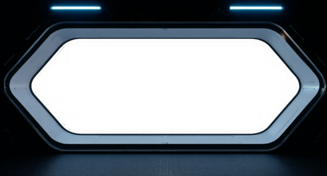 Futuristic Black Spaceship Interior with Glowing Lights and Transparent Cut-Out Window – Sci-Fi Starship Design
