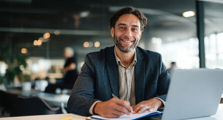 Portrait of a Smiling Businessman with Laptop – Researching, Planning, and Scheduling Articles Online. Happy Journalist or Editor Working on Computer for Networking and Proofreading Tasks in the Workp