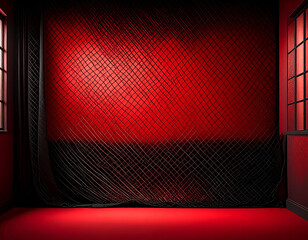 A dramatic, dark room with a deep red floor, featuring a central black grid wall illuminated by a vibrant red glow, and heavy black curtains pulled to the sides with subtle light from windows. Ideal f