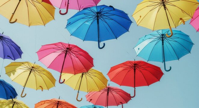Overhead shot of a vibrant sky filled with numerous open, colorful umbrellas suspended by strings - Powered by Adobe