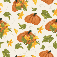 Seamless pattern with round orange pumpkins and green tops with yellow flowers and green leaves arranged randomly next to each other, for autumn print, textile or packaging.