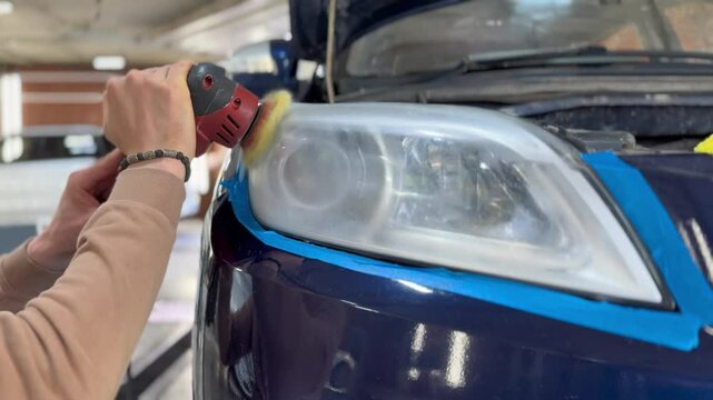 Car detailing series: The process of polishing the headlights. Hands of male professional worker with orbital polisher in auto repair shop, polishing car headlight. Car wax polishing process.