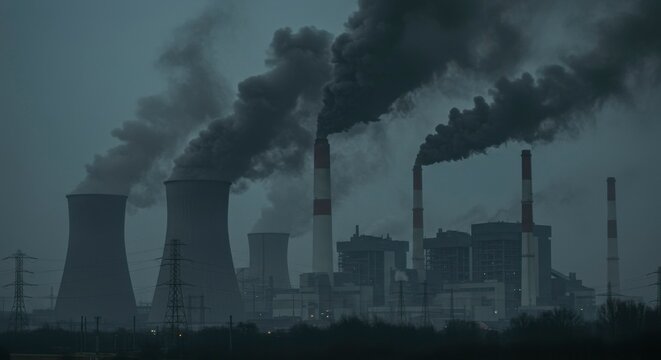 Dark, hazy scene of industrial plant emitting thick plumes of dark smoke into twilight sky