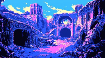 Fototapeta premium Pixelated ruins of a forgotten city under a vibrant sky.
