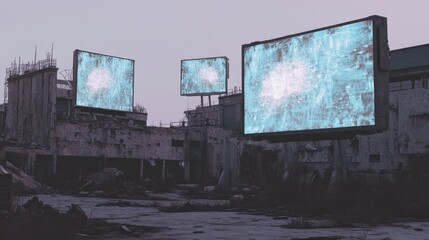 Large screens display ethereal light on a dilapidated structure.