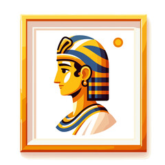 Egyptian pharaoh portrait in gold frame with traditional headdress in cultural cartoon style. Great for ancient civilization exhibitions, Egyptian history education or museum displays.