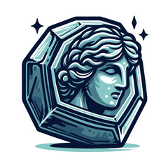 Classical female cameo in blue stone with detailed profile in vintage cartoon style. Great for antique jewelry design, historical portraits or classical art illustrations.