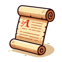 Ancient parchment scroll with red initial letter in vintage cartoon style. Ideal for historical documents, medieval manuscripts or fantasy game quest illustrations.