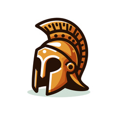 Greek Spartan helmet in gold with red plume in historical cartoon style. Great for ancient warrior exhibitions, classical military history or battle gear illustrations.