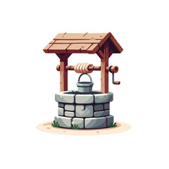 Stone water well with wooden roof and bucket in rural cartoon style. Perfect for countryside scenery, historical village elements, and traditional water source illustrations.