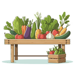 Fresh vegetables on wooden market stand with basket in colorful cartoon style. Ideal for farmers market promotions, organic produce advertising, and healthy food concepts.