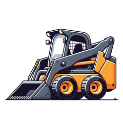 Compact skid steer loader in black and yellow industrial cartoon style. Perfect for construction equipment catalogs, heavy machinery rentals, and industrial vehicle collections.