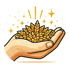 Hand holding golden wheat grains with sparkling effect in warm cartoon style. Perfect for agriculture business, harvest season promotions or organic grain product illustrations.