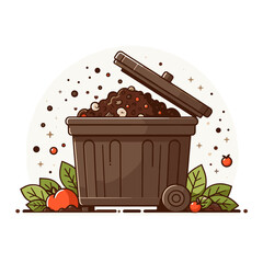 Wooden compost bin with soil and plant stems in brown cartoon style. Great for garden waste management, eco-friendly gardening or sustainable composting illustrations.