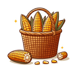 Wicker basket with corn cobs in golden yellow cartoon style. Perfect for harvest festival promotions, farm market advertisements or autumn seasonal food illustrations.