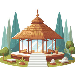 Asian garden gazebo with conical roof in natural setting, cartoon style. Perfect for zen garden design, meditation space architecture or peaceful retreat illustrations.