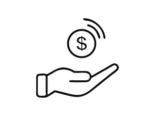 Modern Black Vector Outline Icon of Hand Receiving Dollar Coin with Waves for Online Payments, Fundraising Campaigns, and Digital Finance Designs