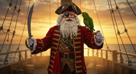 Jolly pirate Santa on a ship at sunset with parrot