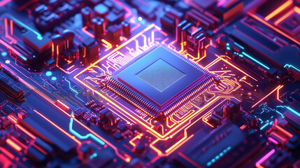 Neon Pink Orange Processor Chip Circuit Board Technology