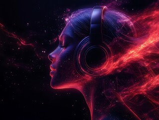 Woman Engrossed in Music A Neon Auditory Experience