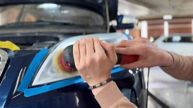 Car detailing series: The process of polishing the headlights. Hands of male professional worker with orbital polisher in auto repair shop, polishing car headlight. Car wax polishing process.
