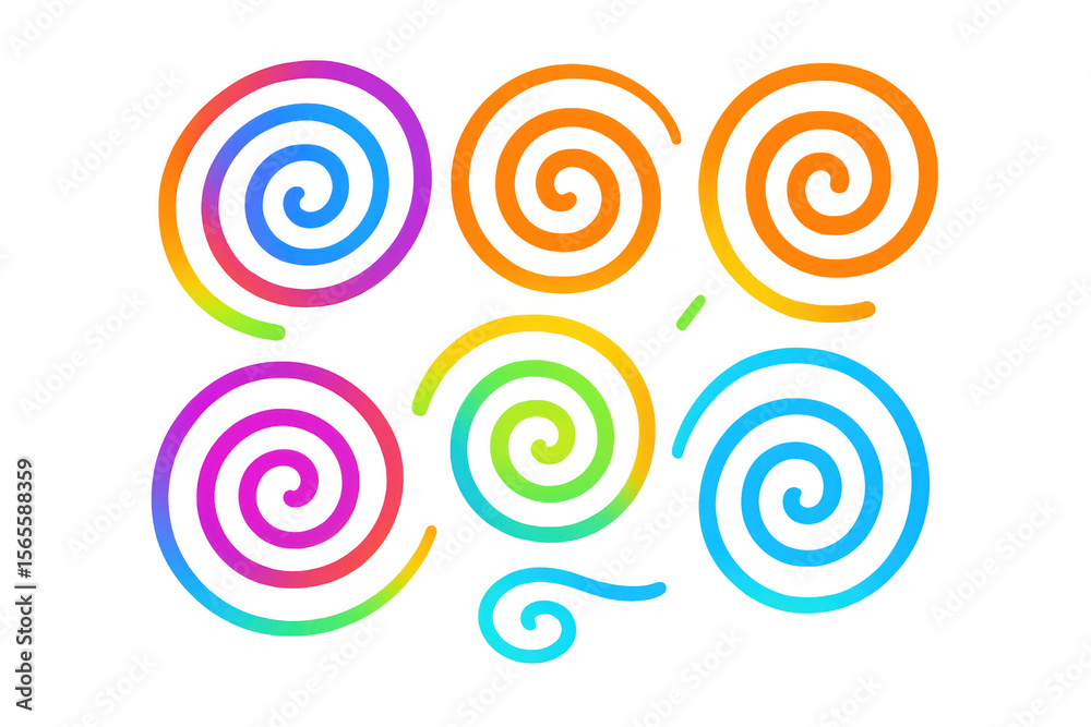 Poster set of colorful spirals rotating on transparent background, creating dynamic and vibrant visual effe
