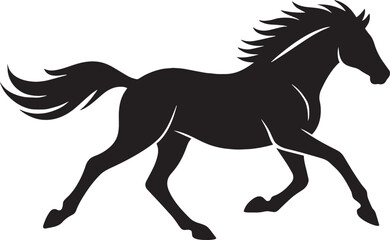 Dynamic Black Silhouette of Galloping Horse in Full Stride with Flowing Mane and Tail