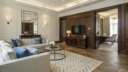 Elegant living room with gray sectional and chevron-patterned rug. Cream walls with white molding and classic wall sconces. Wooden entertainment unit and large mirror.