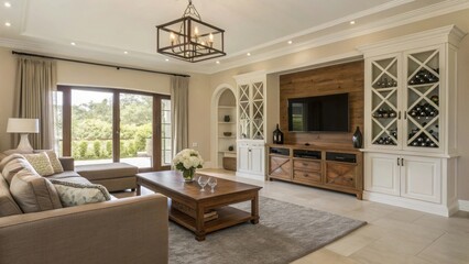Modern living room with beige sectional and wooden coffee table. Glass doors leading to lush garden with recessed lighting. Built-in wine display and geometric chandelier.