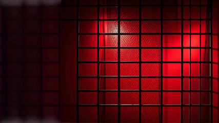 A close-up, abstract view of a black grid or mesh wall, intensely illuminated by a deep red light from behind, creating a vibrant and dramatic visual texture. Ideal for backgrounds, abstract art, or t