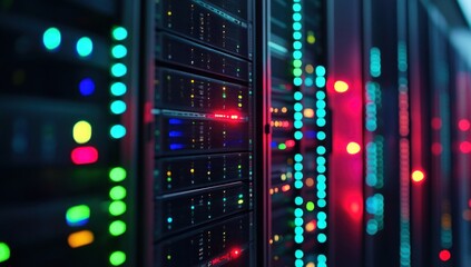 Obraz premium Illuminated Data Center Servers: A Glimpse into the Digital Core