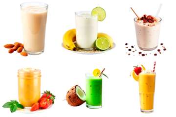 Assorted smoothies and shakes in glasses with fresh fruits and nuts 