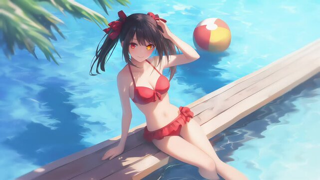 Cute anime girl on water background, anime wallpaper