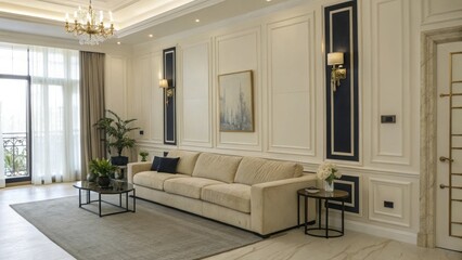 Classic modern living room with navy panels. Elegant space with abstract artwork. Refined lounge with crystal chandelier.