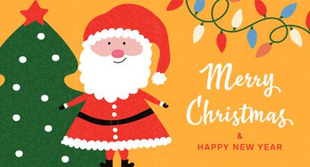 Banner or card with Santa Claus, Christmas tree and holiday lights. Holiday greeting card design for winter holiday.