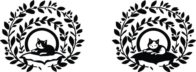 Fototapeta premium Serene Cat Duo — Silhouette Portraits of Light and Dark Cats Resting on Cushions Framed by Circular Leaf Motifs