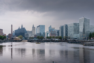 Panoramic View of Albert Dock in Liverpool at Sunset on a Cloudy Day