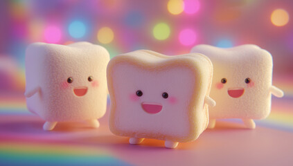 Three cute kawaii marshmallows and toast characters with happy faces and colorful bokeh background
