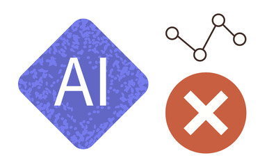 Fototapeta premium AI word in a diamond shape, red cross symbolizing error, and a line chart with nodes showing data trends. Ideal for technology, AI, data analysis, decision-making, error handling, trends innovation