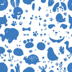 Obraz premium Blue Whimsy Critters Pattern — Silhouette Collection of Pets and Nature Icons Including Cat, Dog, Bird, Rabbit, Turtle, and Hedgehog