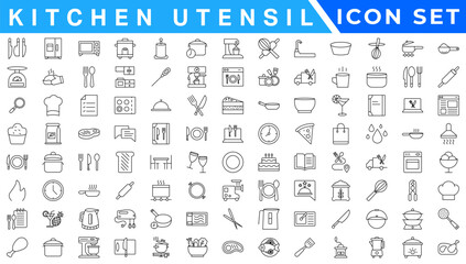 Kitchen Utensil icon set. Editable Stroke Icon Collection. Includes chopping board, cooking pots, frying pan, grater, kitchen scale, and More. Outline icons vector collection.