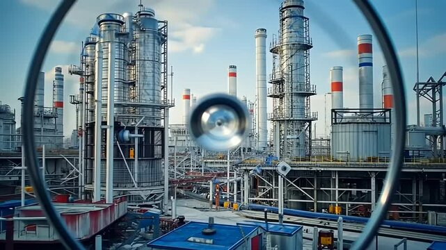 Kaleidoscopic view of a large industrial chemical refinery with time clock design