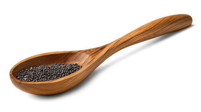 Wooden spoon filled with black mustard seeds isolated on a transparent background