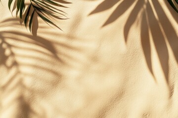 Palm leaf shadows on soft sand texture under natural sunlight, minimalistic tropical background. For summer campaigns, nature-inspired branding, beach vacation concepts, or elegant eco-themed visuals